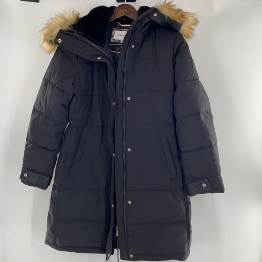 NINE WEST black faux fur trim hooded quilted parka coat